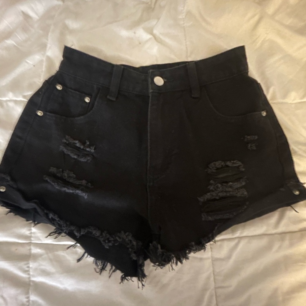 SHEIN Black Jean Shorts Distressed Frayed Hem